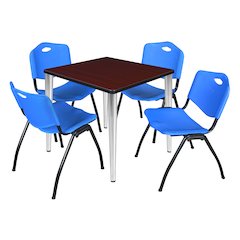 30 Square Breakroom Table- Mahogany Top, Chrome Base & 4 M Stack Chairs- Blue