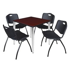 30 Square Breakroom Table- Mahogany Top, Chrome Base & 4 M Stack Chairs- Black
