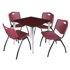 30 Square Breakroom Table- Mahogany Top, Chrome Base, 4 M Stack Chairs- Burgundy