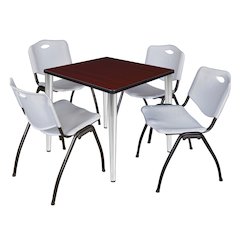 30 Square Breakroom Table- Mahogany Top, Chrome Base & 4 M Stack Chairs- Grey