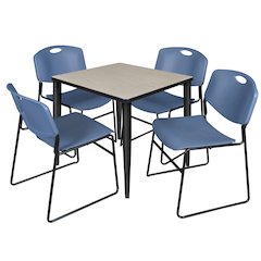 30 in. Square Breakroom Table- Maple Top, Black Base & 4 Zeng Stack Chairs- Blue