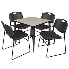 30 Square Breakroom Table- Maple Top, Black Base & 4 Zeng Stack Chairs- Black