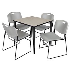 30 in. Square Breakroom Table- Maple Top, Black Base & 4 Zeng Stack Chairs- Grey