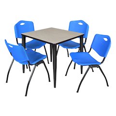30 in. Square Breakroom Table- Maple Top, Black Base & 4 M Stack Chairs- Blue