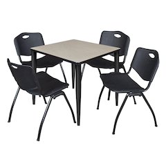 30 in. Square Breakroom Table- Maple Top, Black Base & 4 M Stack Chairs- Black