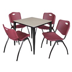 30 Square Breakroom Table- Maple Top, Black Base & 4 M Stack Chairs- Burgundy