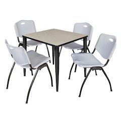 30 in. Square Breakroom Table- Maple Top, Black Base & 4 M Stack Chairs- Grey