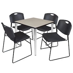 30 Square Breakroom Table- Maple Top, Chrome Base & 4 Zeng Stack Chairs- Black
