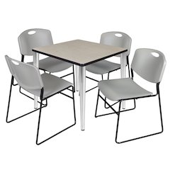30 Square Breakroom Table- Maple Top, Chrome Base & 4 Zeng Stack Chairs- Grey