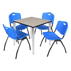 30 in. Square Breakroom Table- Maple Top, Chrome Base & 4 M Stack Chairs- Blue