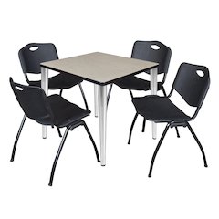 30 in. Square Breakroom Table- Maple Top, Chrome Base & 4 M Stack Chairs- Black