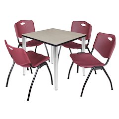 30 Square Breakroom Table- Maple Top, Chrome Base & 4 M Stack Chairs- Burgundy