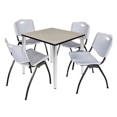 30 in. Square Breakroom Table- Maple Top, Chrome Base & 4 M Stack Chairs- Grey