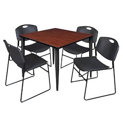36 Square Breakroom Table- Cherry Top, Black Base & 4 Zeng Stack Chairs- Black