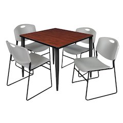 36 Square Breakroom Table- Cherry Top, Black Base & 4 Zeng Stack Chairs- Grey