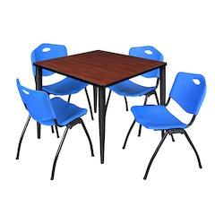 36 in. Square Breakroom Table- Cherry Top, Black Base & 4 M Stack Chairs- Blue