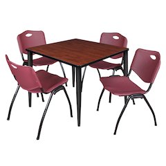 36 Square Breakroom Table- Cherry Top, Black Base & 4 M Stack Chairs- Burgundy