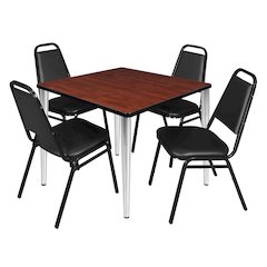 36 Square Breakroom Table- Cherry Top, Chrome Base & 4 Stack Chairs- Black