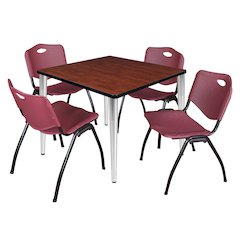 36 Square Breakroom Table- Cherry Top, Chrome Base & 4 M Stack Chairs- Burgundy