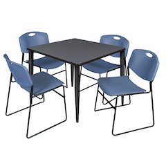36 in. Square Breakroom Table- Grey Top, Black Base & 4 Zeng Stack Chairs- Blue