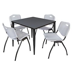 36 in. Square Breakroom Table- Grey Top, Black Base & 4 M Stack Chairs- Grey