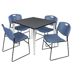 36 in. Square Breakroom Table- Grey Top, Chrome Base & 4 Zeng Stack Chairs- Blue