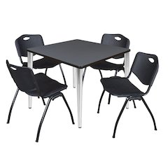 36 in. Square Breakroom Table- Grey Top, Chrome Base & 4 M Stack Chairs- Black