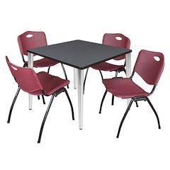 36 Square Breakroom Table- Grey Top, Chrome Base & 4 M Stack Chairs- Burgundy