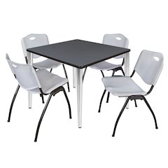 36 in. Square Breakroom Table- Grey Top, Chrome Base & 4 M Stack Chairs- Grey