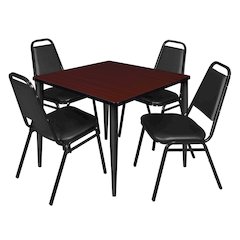 36 Square Breakroom Table- Mahogany Top, Black Base & 4 Stack Chairs- Black
