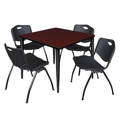 36 Square Breakroom Table- Mahogany Top, Black Base & 4 M Stack Chairs- Black