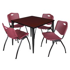 36 Square Breakroom Table- Mahogany Top, Black Base & 4 M Stack Chairs- Burgundy