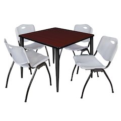 36 in. Square Breakroom Table- Mahogany Top, Black Base & 4 M Stack Chairs- Grey