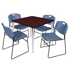 36 Square Breakroom Table- Mahogany Top, Chrome Base & 4 Zeng Stack Chairs- Blue