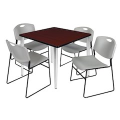 36 Square Breakroom Table- Mahogany Top, Chrome Base & 4 Zeng Stack Chairs- Grey