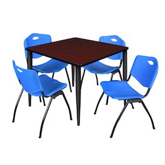 36 Square Breakroom Table- Mahogany Top, Chrome Base & 4 M Stack Chairs- Blue