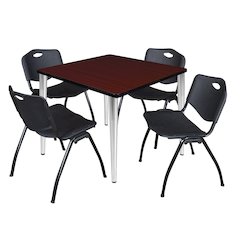 36 Square Breakroom Table- Mahogany Top, Chrome Base & 4 M Stack Chairs- Black