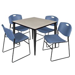 36 in. Square Breakroom Table- Maple Top, Black Base & 4 Zeng Stack Chairs- Blue