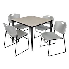36 in. Square Breakroom Table- Maple Top, Black Base & 4 Zeng Stack Chairs- Grey