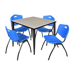 36 in. Square Breakroom Table- Maple Top, Black Base & 4 M Stack Chairs- Blue