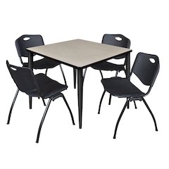 36 in. Square Breakroom Table- Maple Top, Black Base & 4 M Stack Chairs- Black