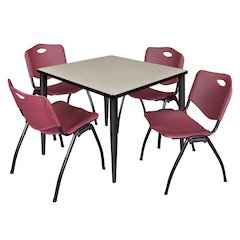 36 Square Breakroom Table- Maple Top, Black Base & 4 M Stack Chairs- Burgundy