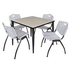 36 in. Square Breakroom Table- Maple Top, Black Base & 4 M Stack Chairs- Grey