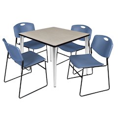 36 Square Breakroom Table- Maple Top, Chrome Base & 4 Zeng Stack Chairs- Blue