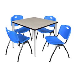 36 in. Square Breakroom Table- Maple Top, Chrome Base & 4 M Stack Chairs- Blue