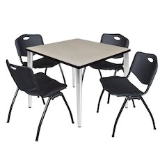 36 in. Square Breakroom Table- Maple Top, Chrome Base & 4 M Stack Chairs- Black