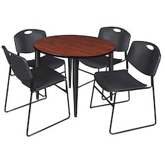 36 Round Breakroom Table- Cherry Top, Black Base & 4 Zeng Stack Chairs- Black