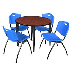 36 in. Round Breakroom Table- Cherry Top, Black Base & 4 M Stack Chairs- Blue