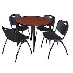 36 in. Round Breakroom Table- Cherry Top, Black Base & 4 M Stack Chairs- Black