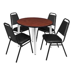 36 Round Breakroom Table- Cherry Top, Chrome Base & 4 Stack Chairs- Black